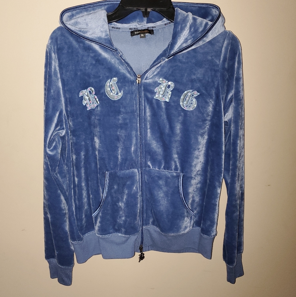 BCBG Velour blue squin cross zip up hoodie